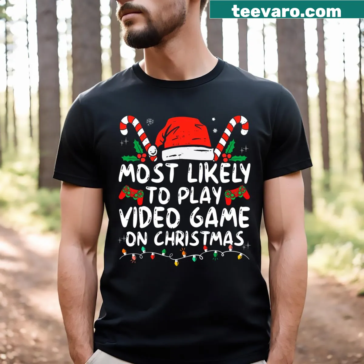 Santa gaming graphic on a Christmas-themed shirt for gamers — on a men's t-shirt