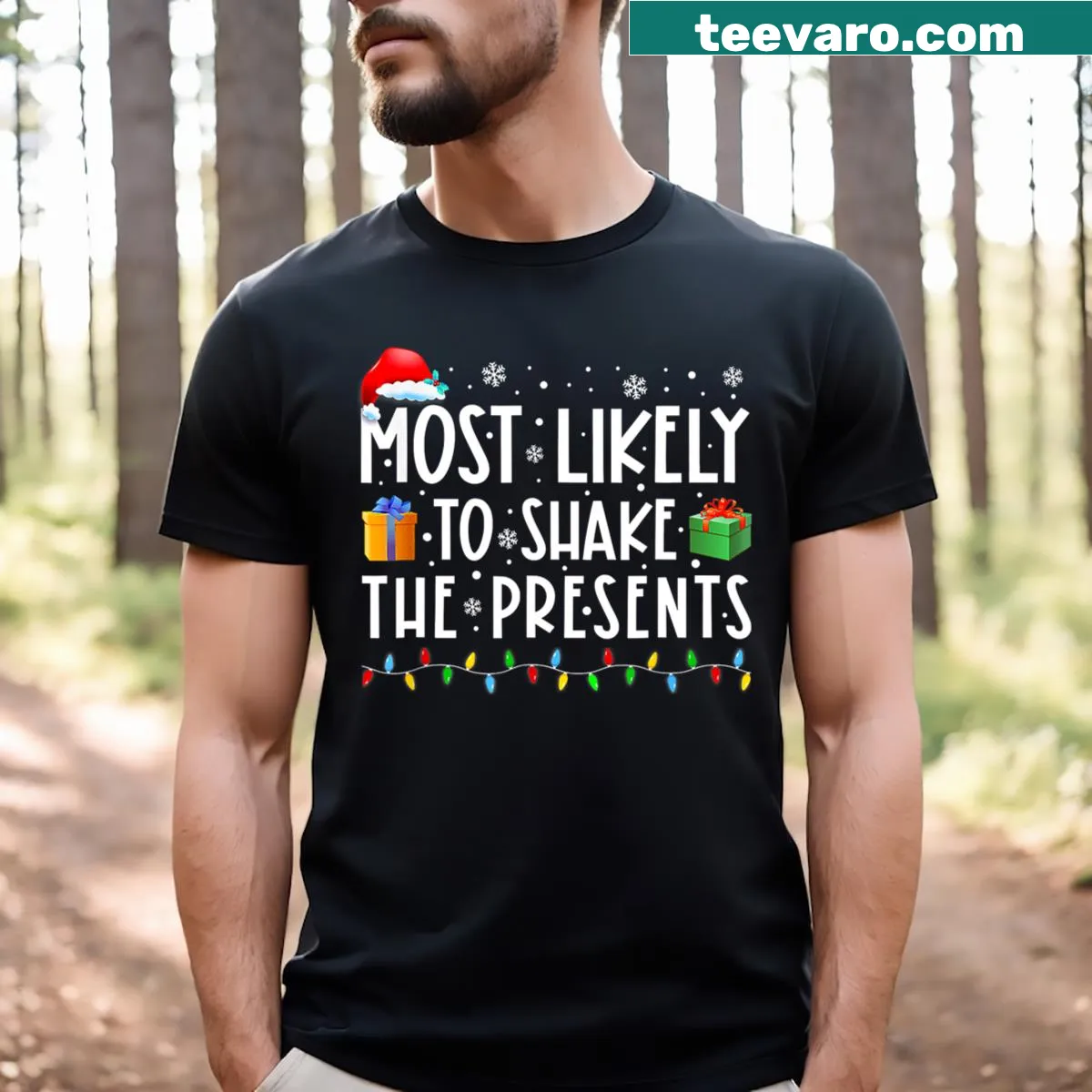 Family matching Christmas t-shirt with 'Most Likely To Shake The Presents' — on a men's t-shirt