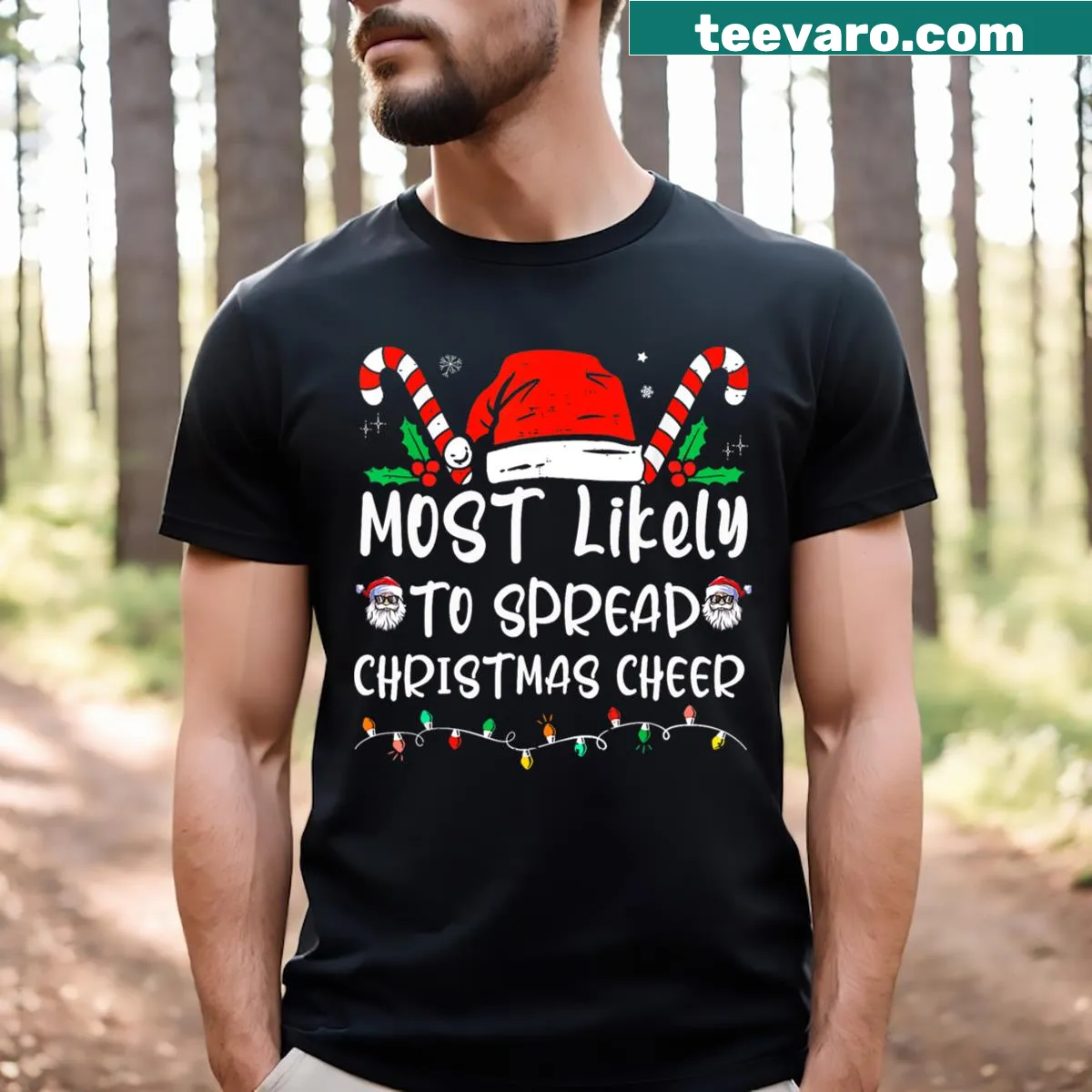 Matching family Christmas shirt with a design about spreading cheer — on a men's t-shirt