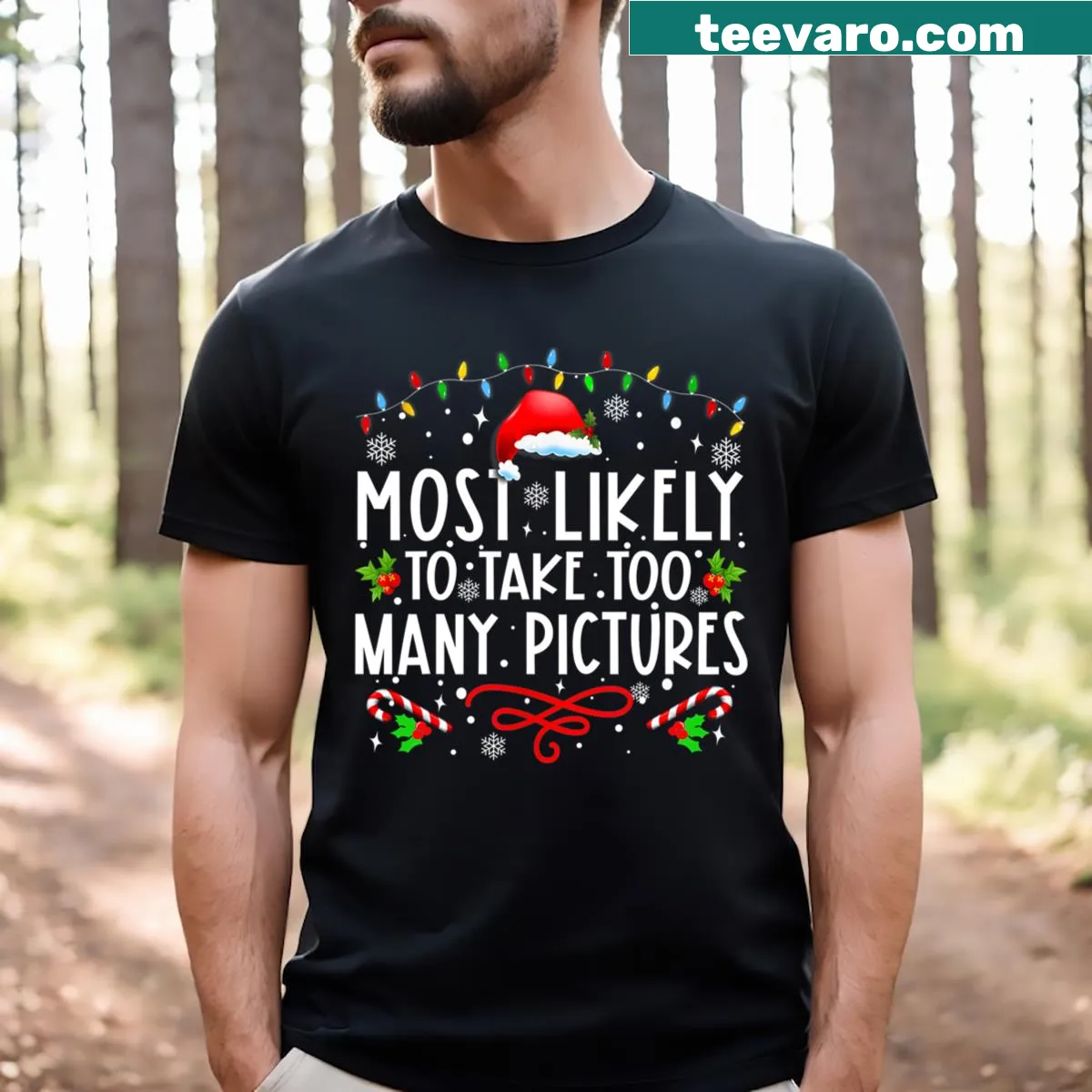 Funny Christmas family t-shirt with text 'Most Likely To Take Too Many Pictures' — on a men's t-shirt