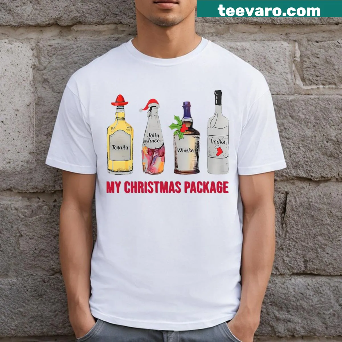 Funny Christmas t-shirt with 'My Christmas Package' text and Santa hat design — on a men's t-shirt