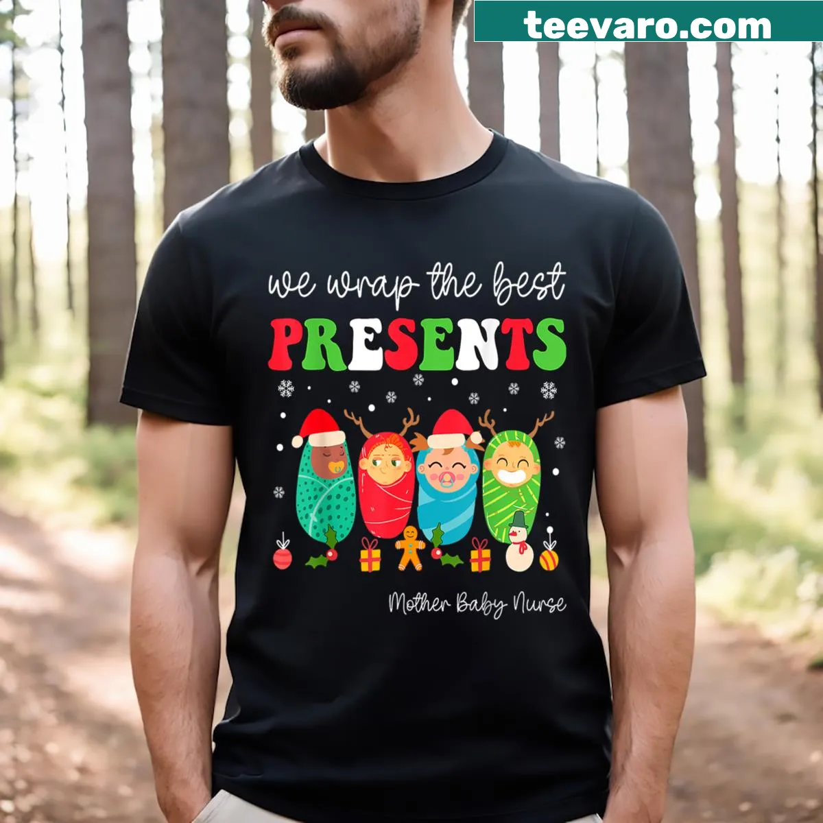 NICU nurse Christmas t-shirt celebrating motherhood and care — on a men's t-shirt