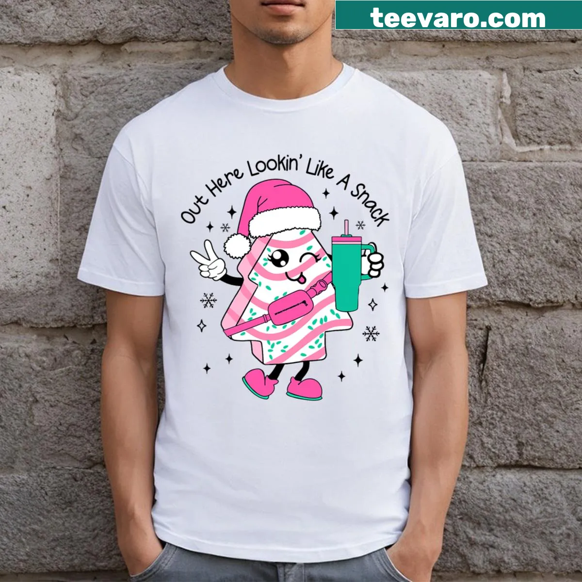 Funny Christmas tree cake graphic on a T-shirt — on a men's t-shirt