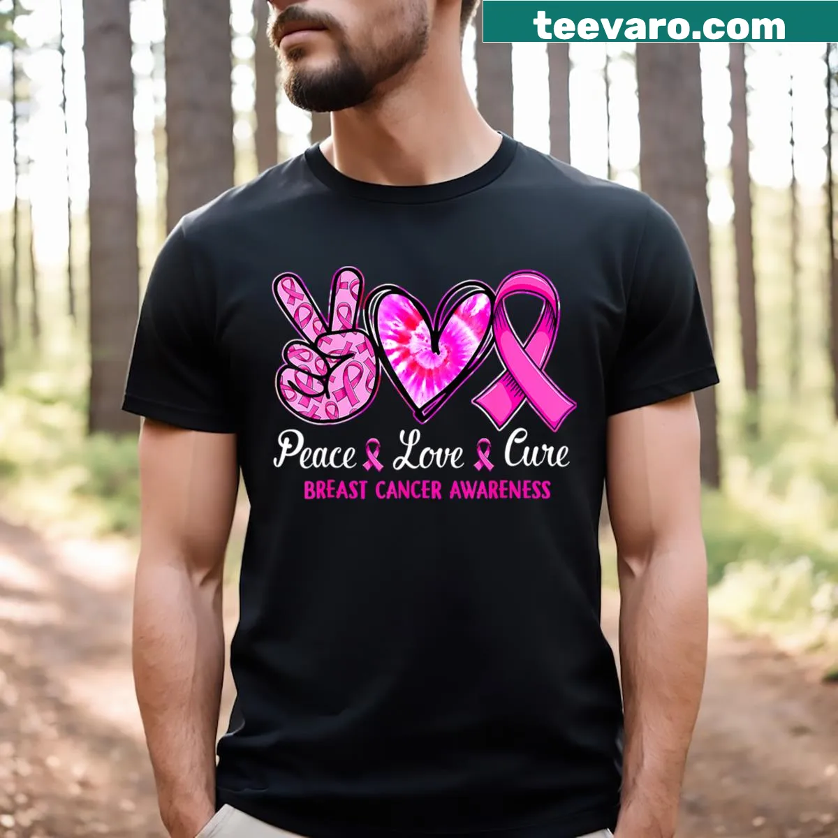 Breast cancer awareness t-shirt with Peace Love Cure and pink ribbon — on a men's t-shirt