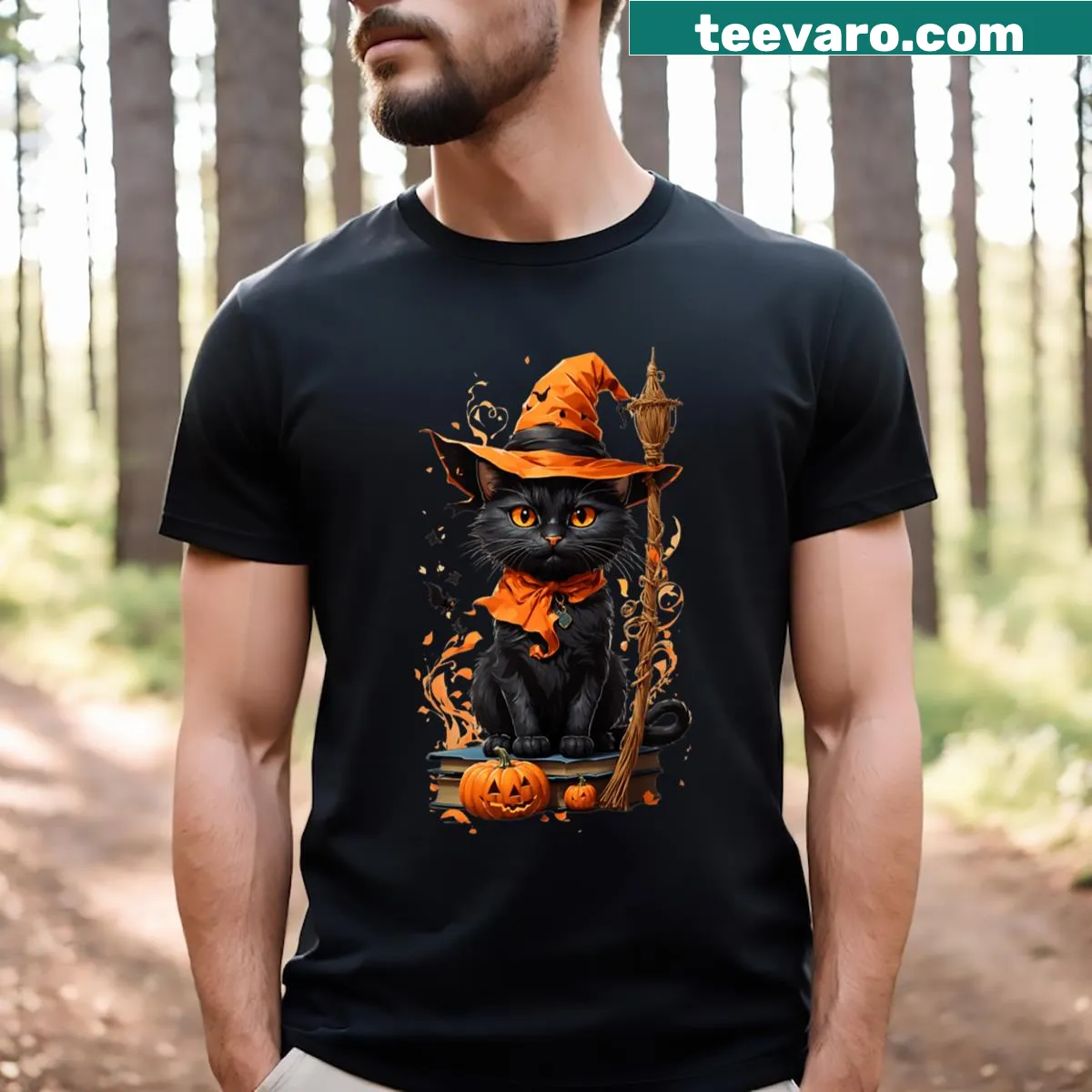 Playful vintage black cat and pumpkin design on Halloween T-shirt — on a men's t-shirt