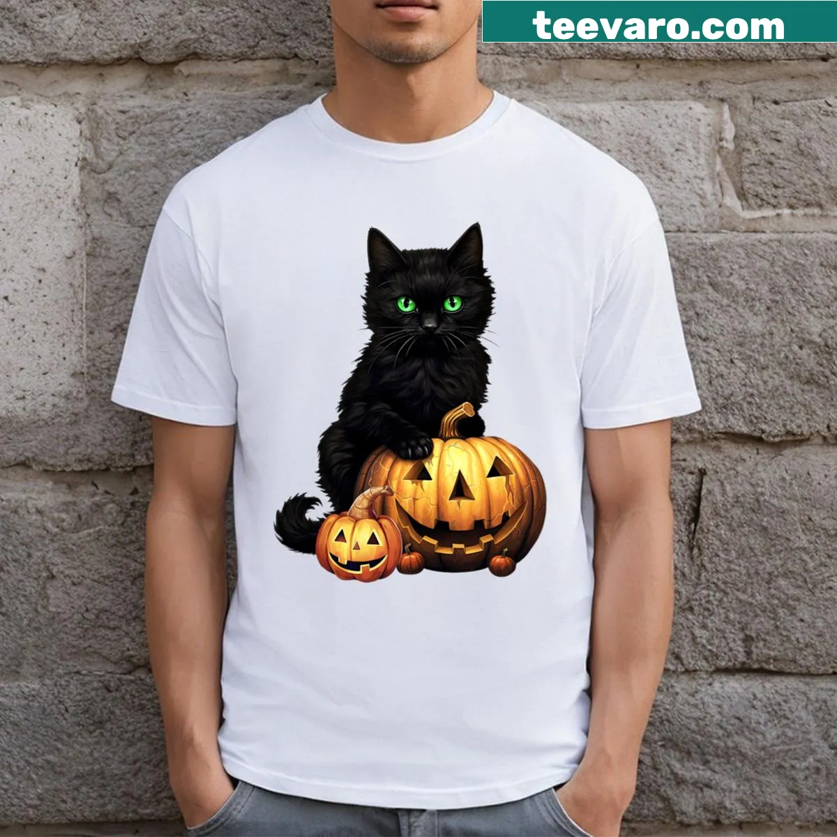 Funny retro black cat and pumpkin design on girls' Halloween T-shirt — on a men's t-shirt