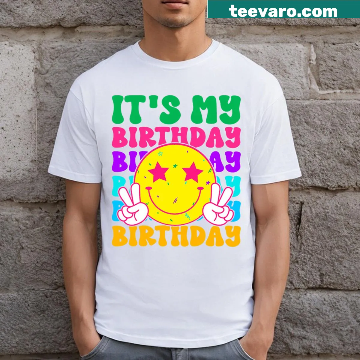 Retro birthday t-shirt with groovy text for kids — on a men's t-shirt