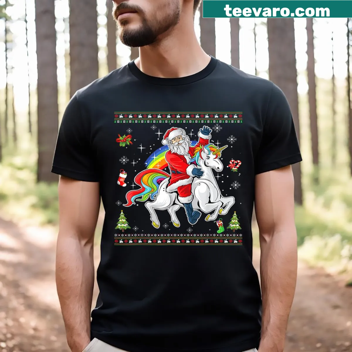 Santa riding a unicorn in a playful Christmas design — on a men's t-shirt
