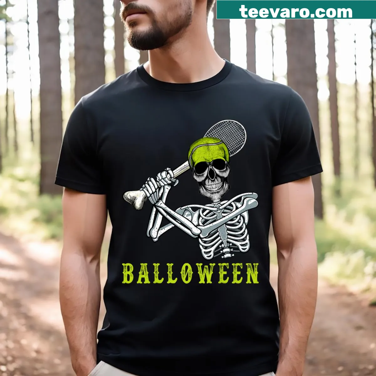 Spooky Halloween t-shirt with tennis skeleton graphic — on a men's t-shirt