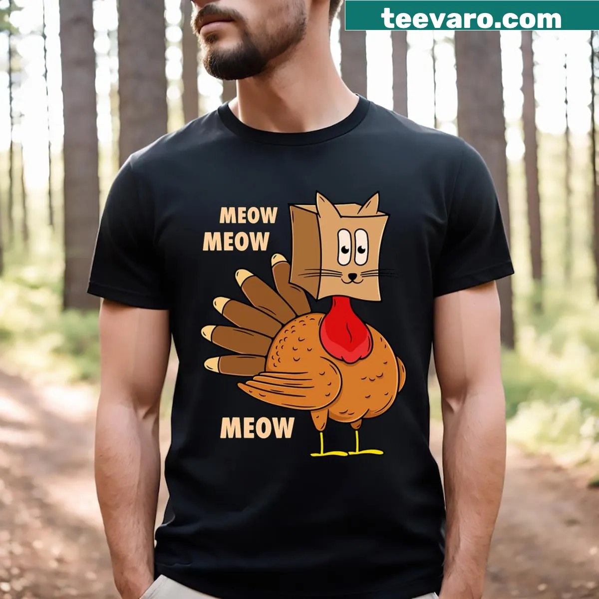 Funny Thanksgiving t-shirt featuring a turkey and a playful cat — on a men's t-shirt