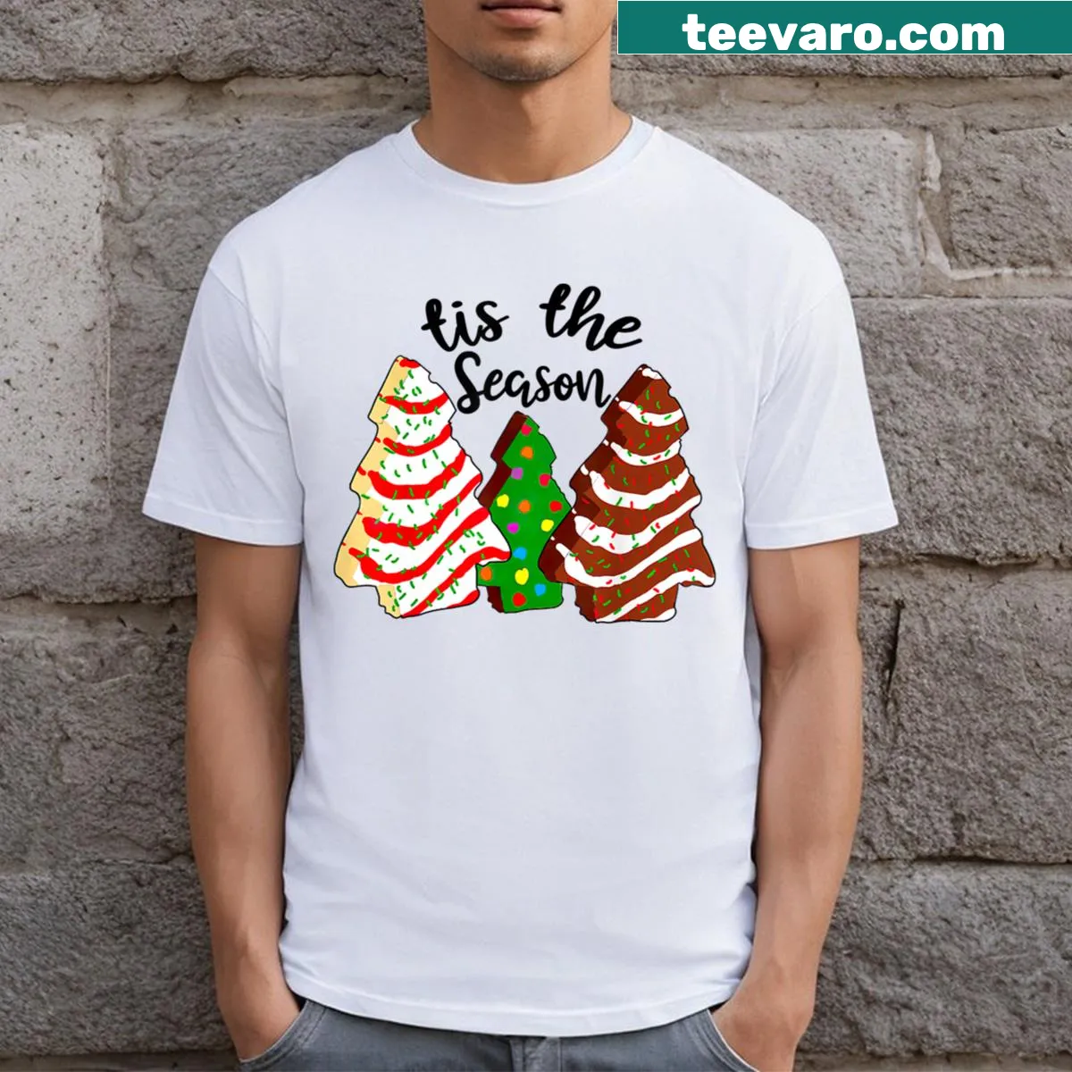 Cute Christmas tree cakes t-shirt with festive illustration — on a men's t-shirt