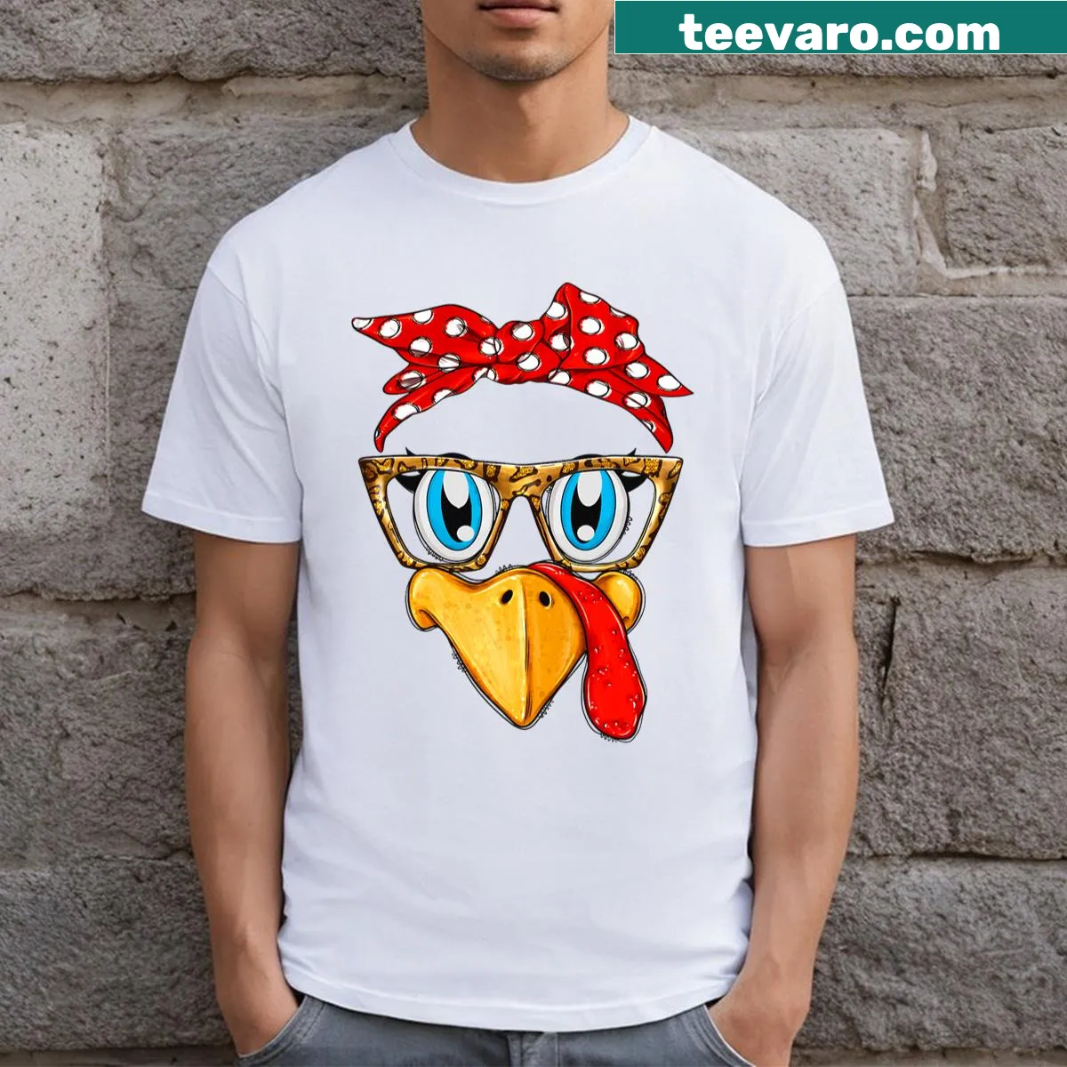 Funny Thanksgiving turkey t-shirt with bandana and glasses — on a men's t-shirt