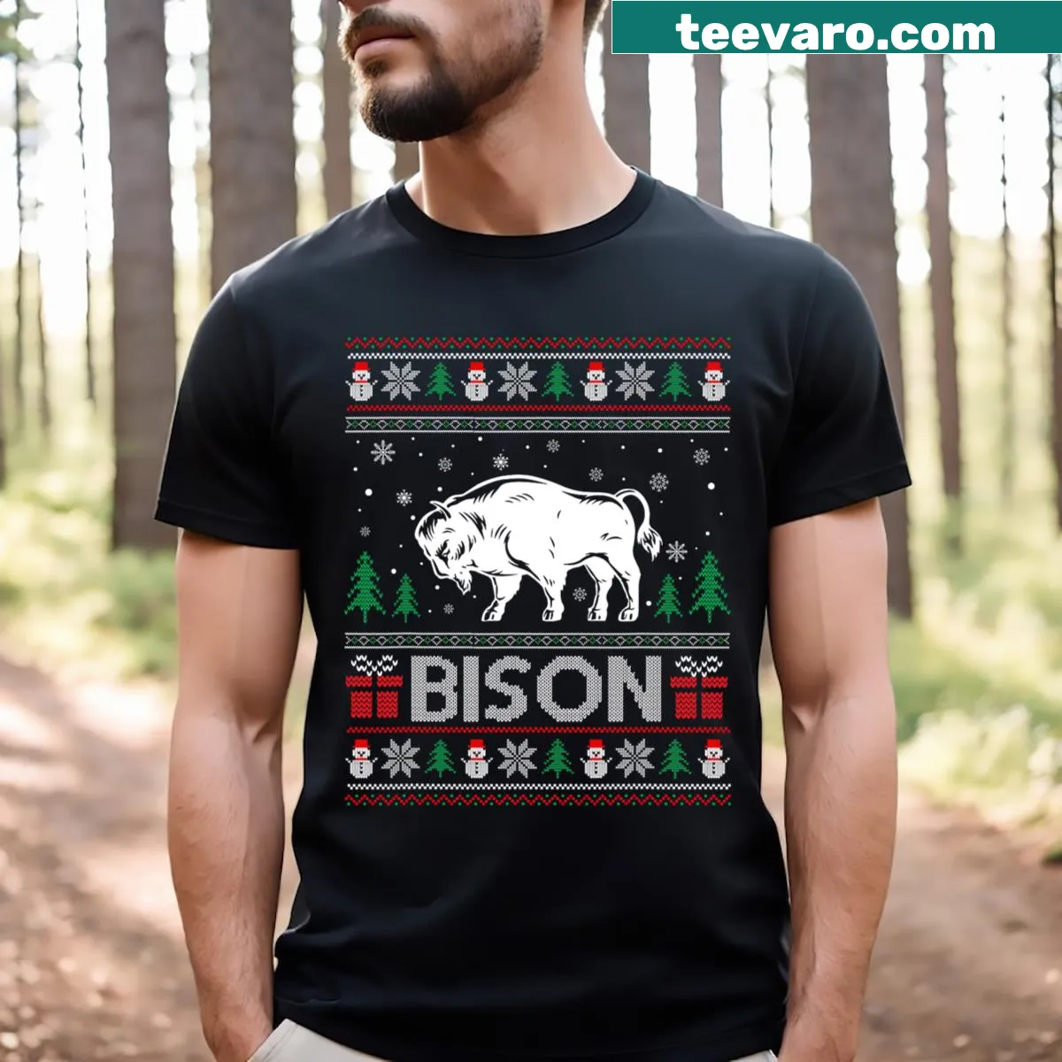 Funny bison graphic in a Christmas outfit on an ugly Christmas t-shirt — on a men's t-shirt