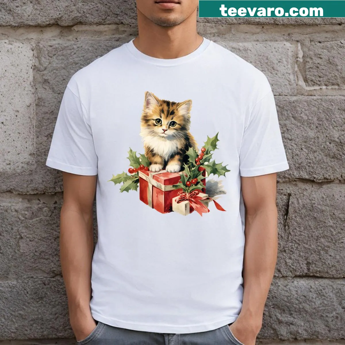 Vintage Christmas T-shirt with a playful cat graphic and festive elements — on a men's t-shirt