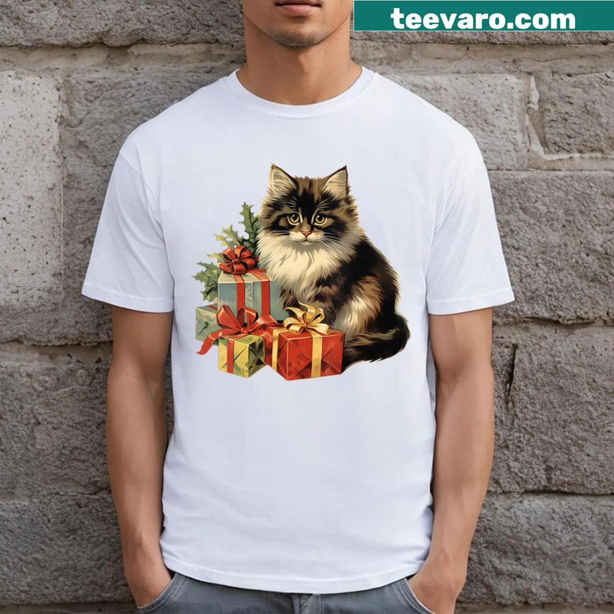Vintage Christmas cat design on V-neck T-shirt — on a men's t-shirt