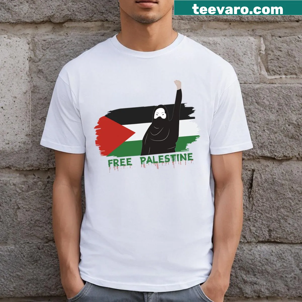 Illustrative t-shirt featuring a fist and Free Palestine flag — on a men's t-shirt