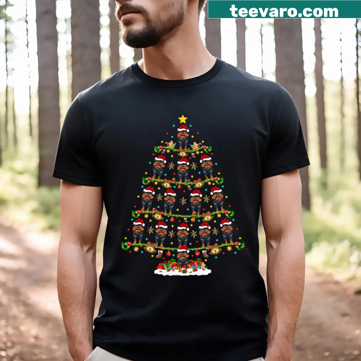 Cute Santa Brussels Griffon illustration amidst Christmas tree decorations on a t-shirt — on a men's t-shirt