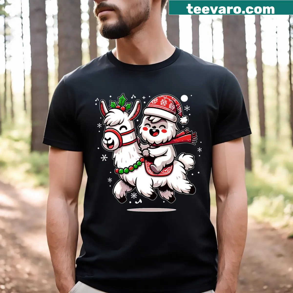 Cute llama and yeti graphic on a Christmas-themed T-shirt — on a men's t-shirt
