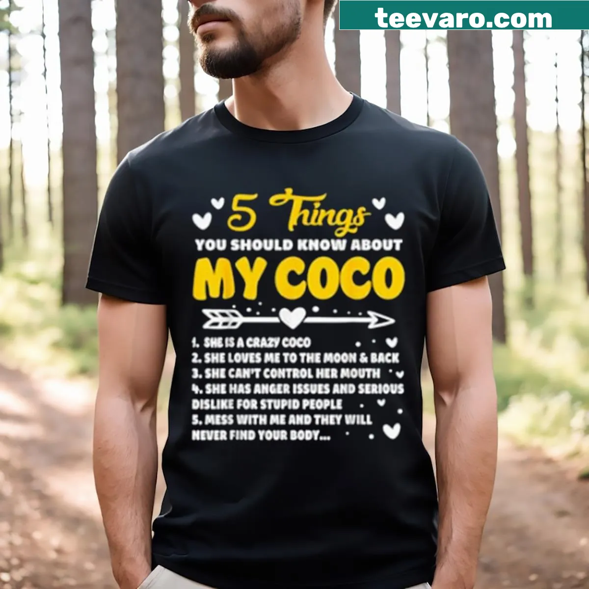 Funny t-shirt detailing 5 things about my Coco grandma in playful typography. — on a men's t-shirt