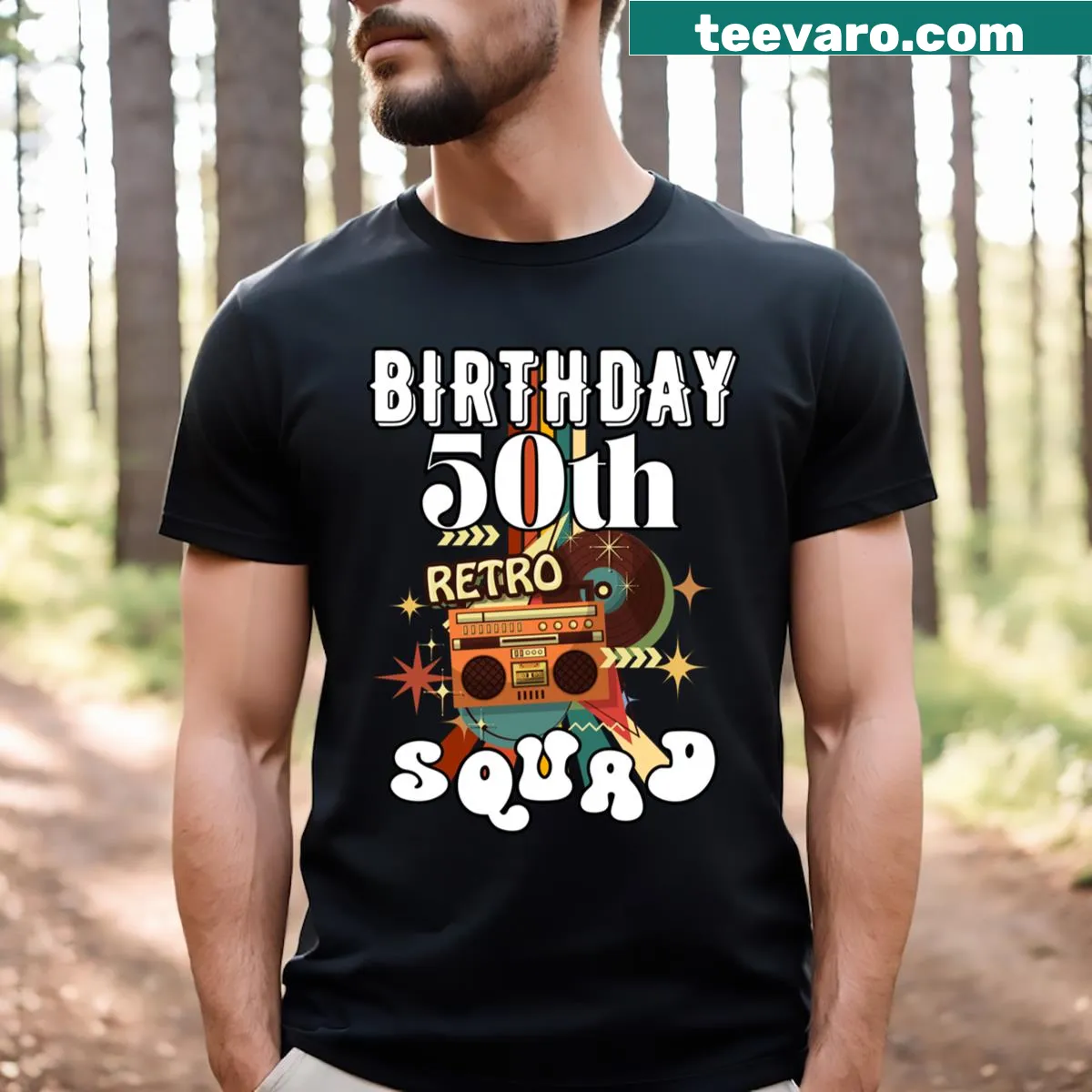 Vintage-style 50th birthday t-shirt with humorous graphics and retro fonts — on a men's t-shirt