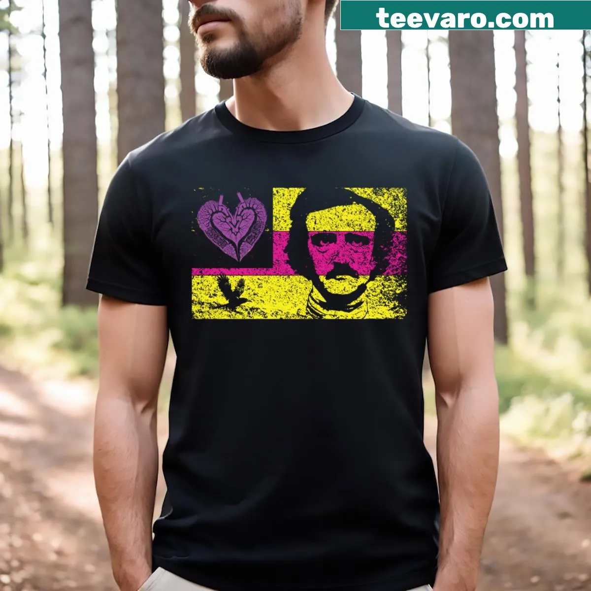 Pop art design t-shirt featuring Edgar Allan Poe and a flag — on a men's t-shirt