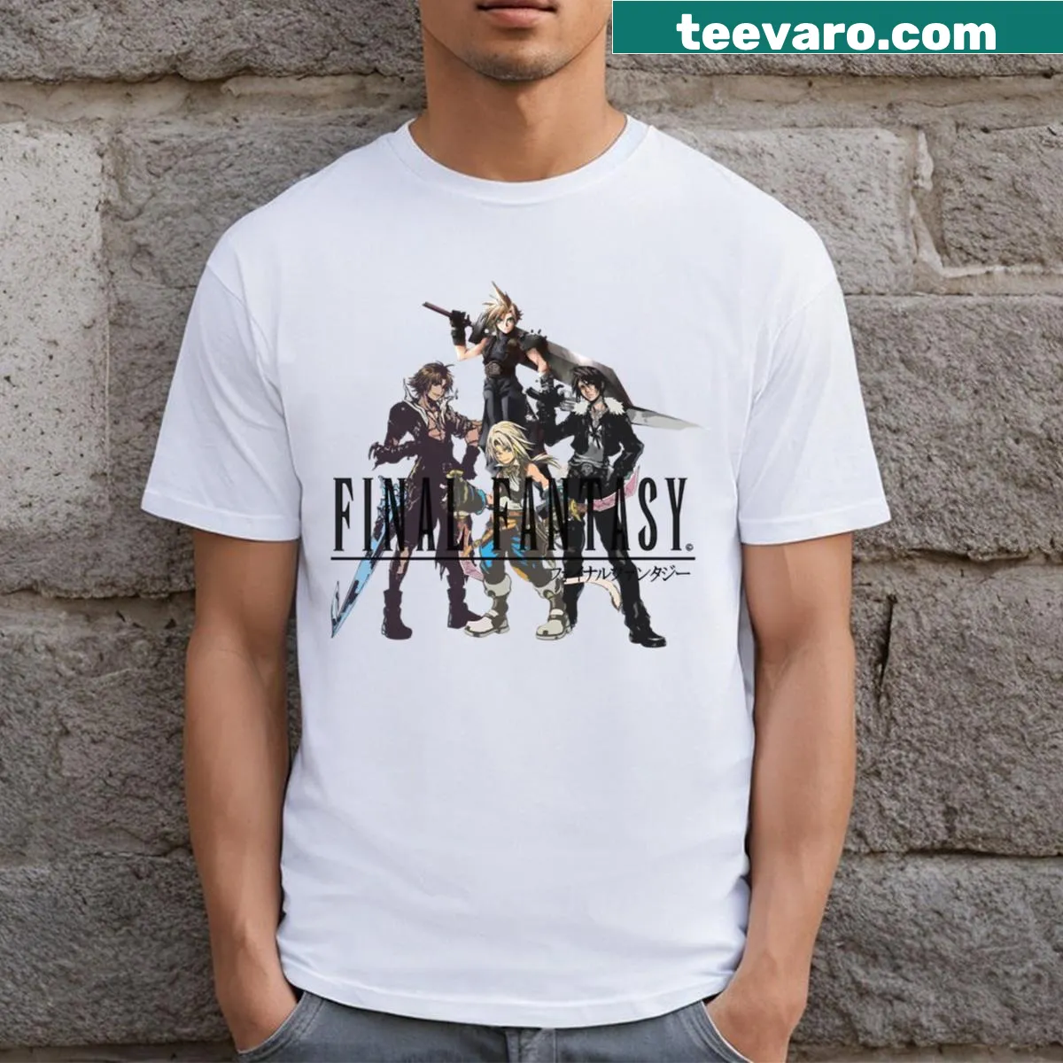Illustrative design depicting time travel themes from Final Fantasy on a t-shirt — on a men's t-shirt