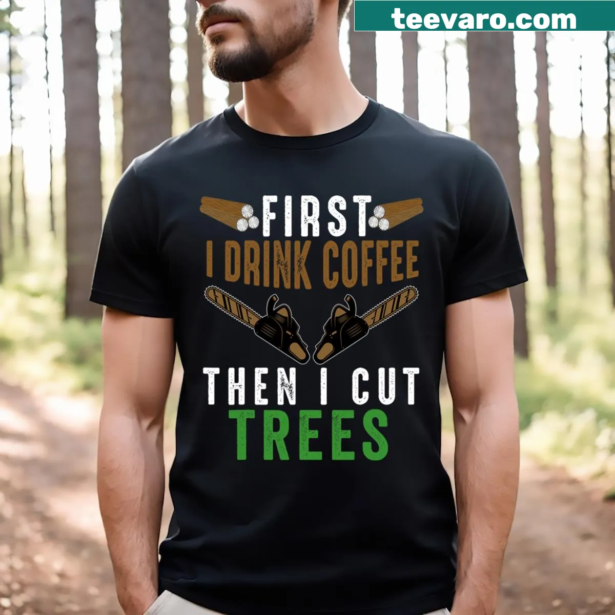 Funny arborist T-shirt for tree surgeons and loggers — on a men's t-shirt