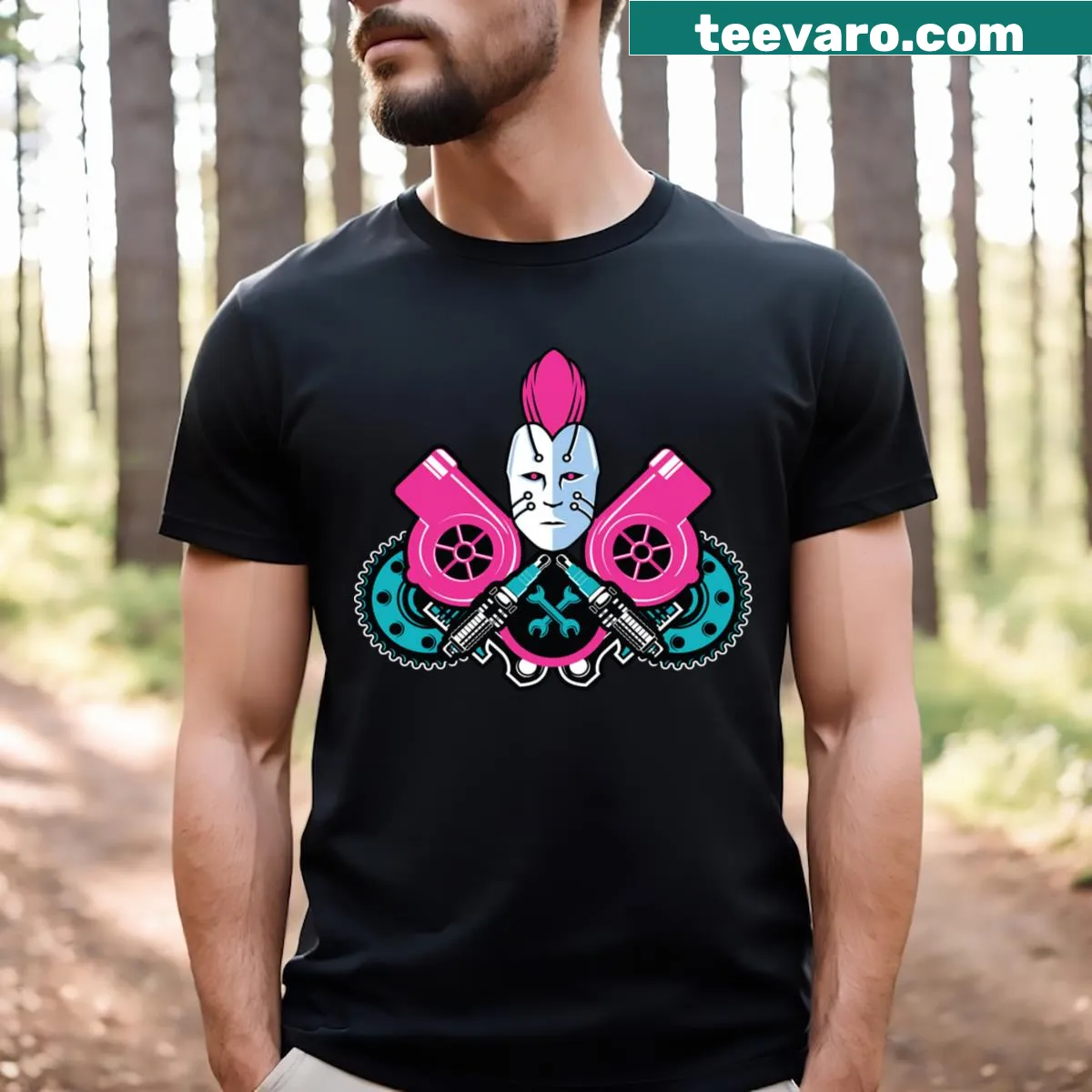 Sleek robot design graphic on Autodroid T-shirt — on a men's t-shirt