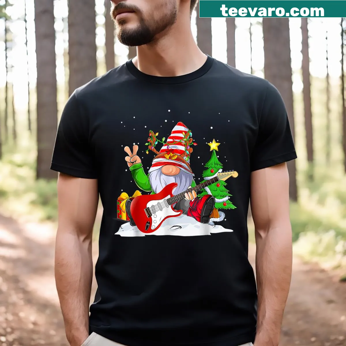 Illustration of gnomes playing bass guitars with Christmas lights — on a men's t-shirt
