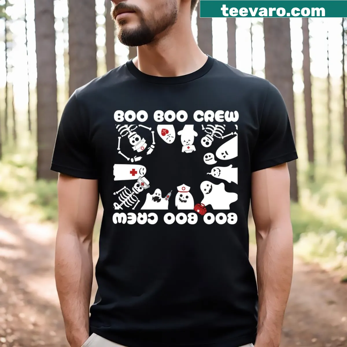 Halloween t-shirt for nurses with 'Boo Boo Crew' graphic — on a men's t-shirt
