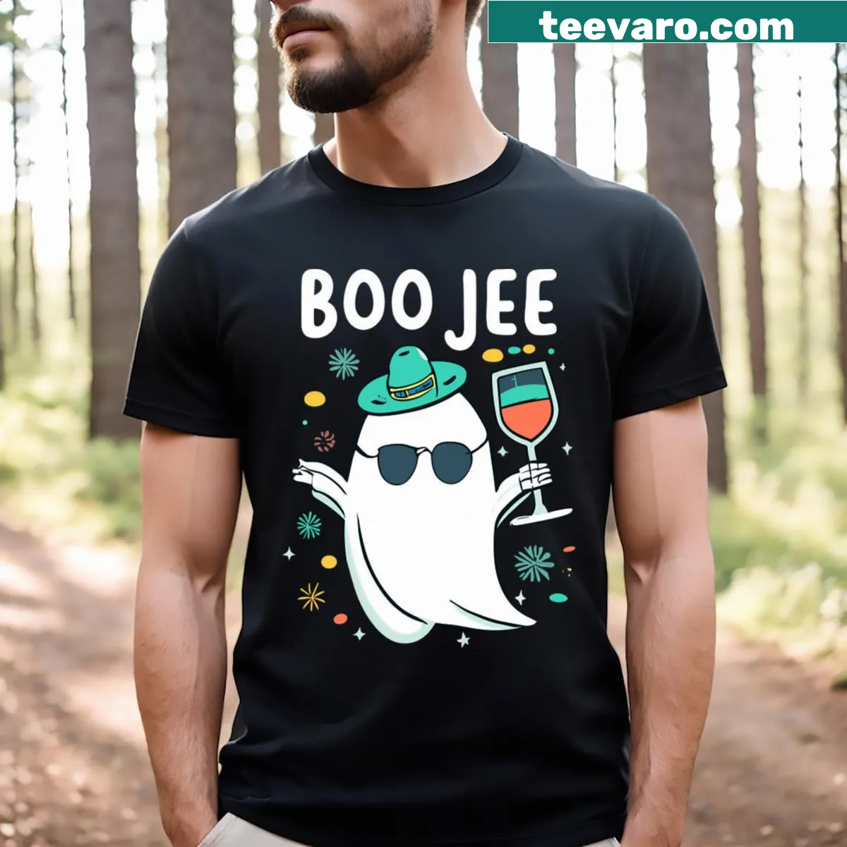 Funny Halloween T-shirt with a playful Boo Jee graphic — on a men's t-shirt