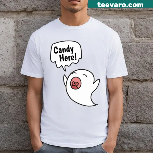 Funny Halloween t-shirt with a ghost and 'Candy Here!' text