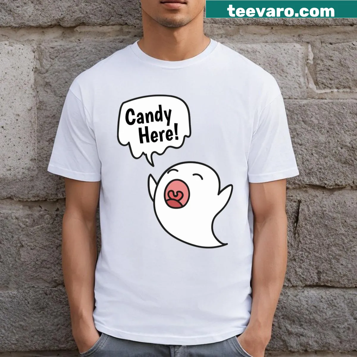 Funny Halloween t-shirt with a ghost and 'Candy Here!' text — on a men's t-shirt