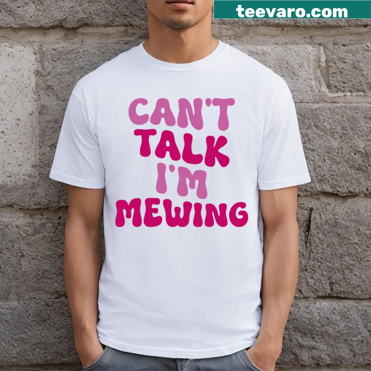Funny quote shirt with text 'Can't Talk I'm Mewing' — on a men's t-shirt