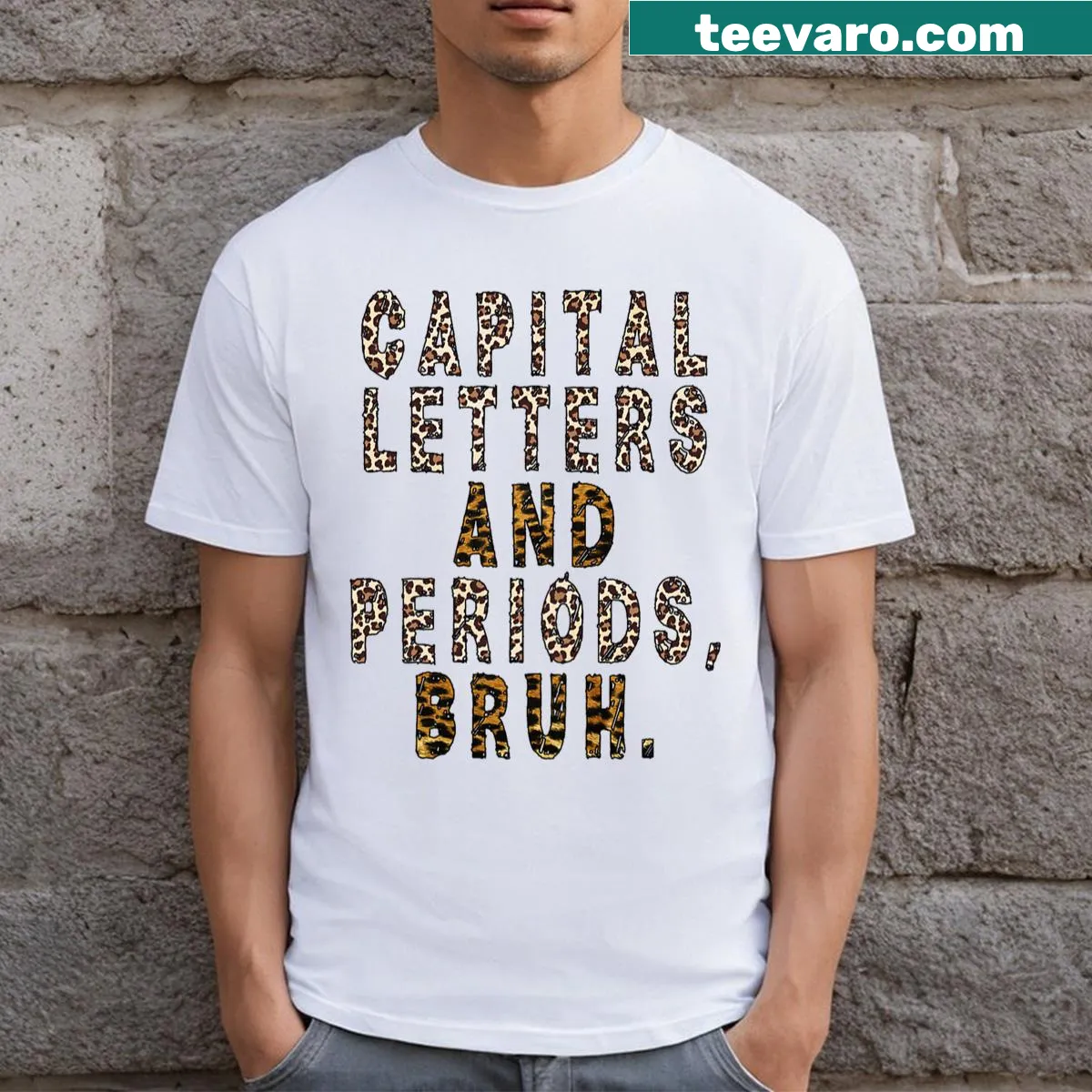 Funny teacher T-shirt with punctuation-themed phrase — on a men's t-shirt
