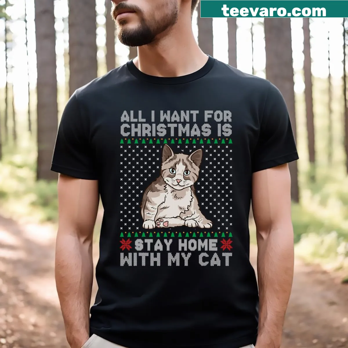 Cute Christmas cat lover shirt with festive graphics — on a men's t-shirt