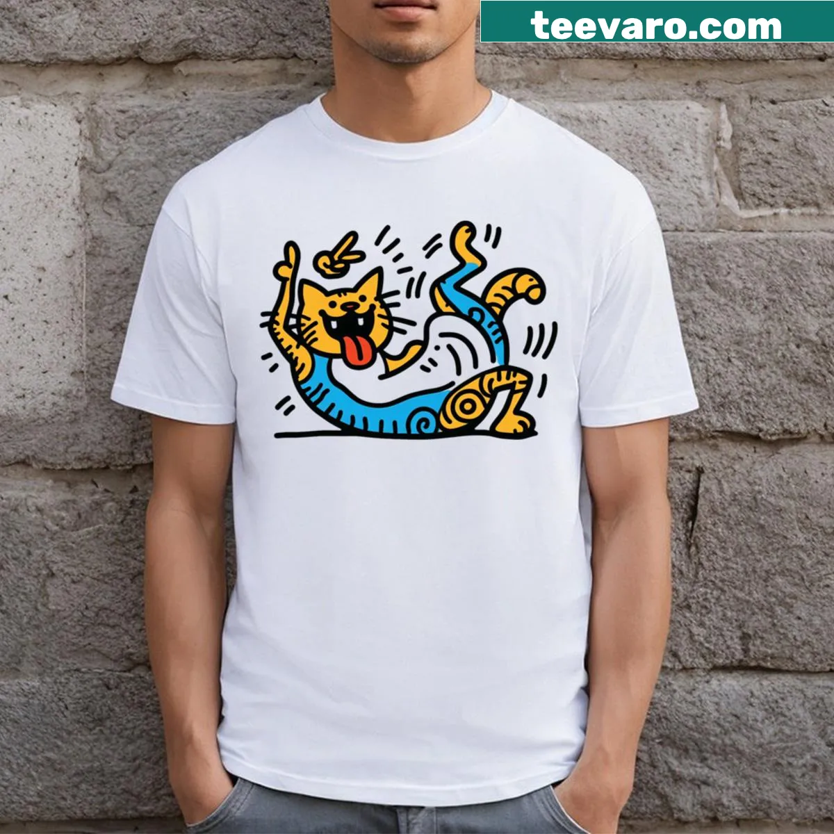 Cute t-shirt with a dancing cat graphic for cat lovers — on a men's t-shirt