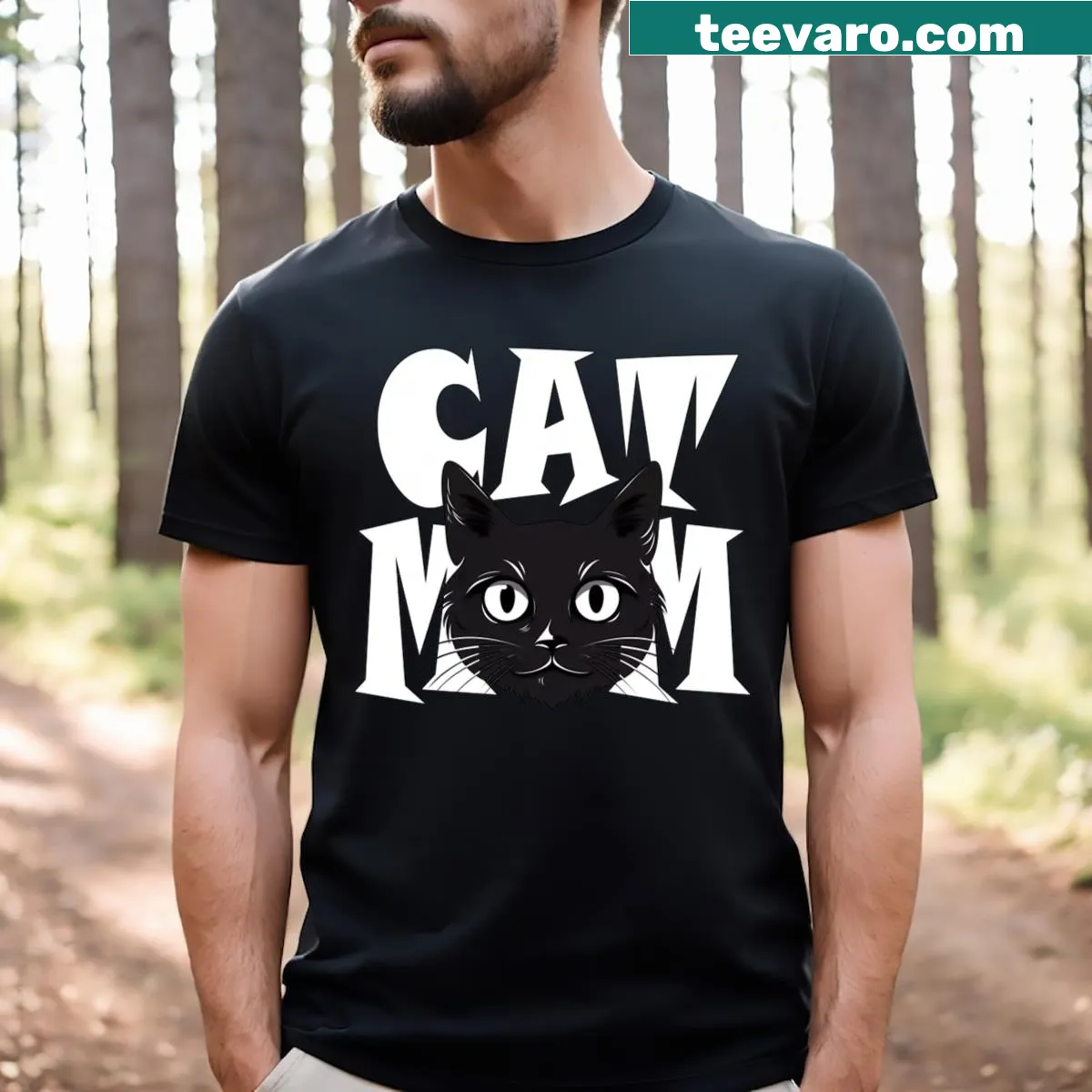 Cartoon black kitten with white text for cat moms — on a men's t-shirt