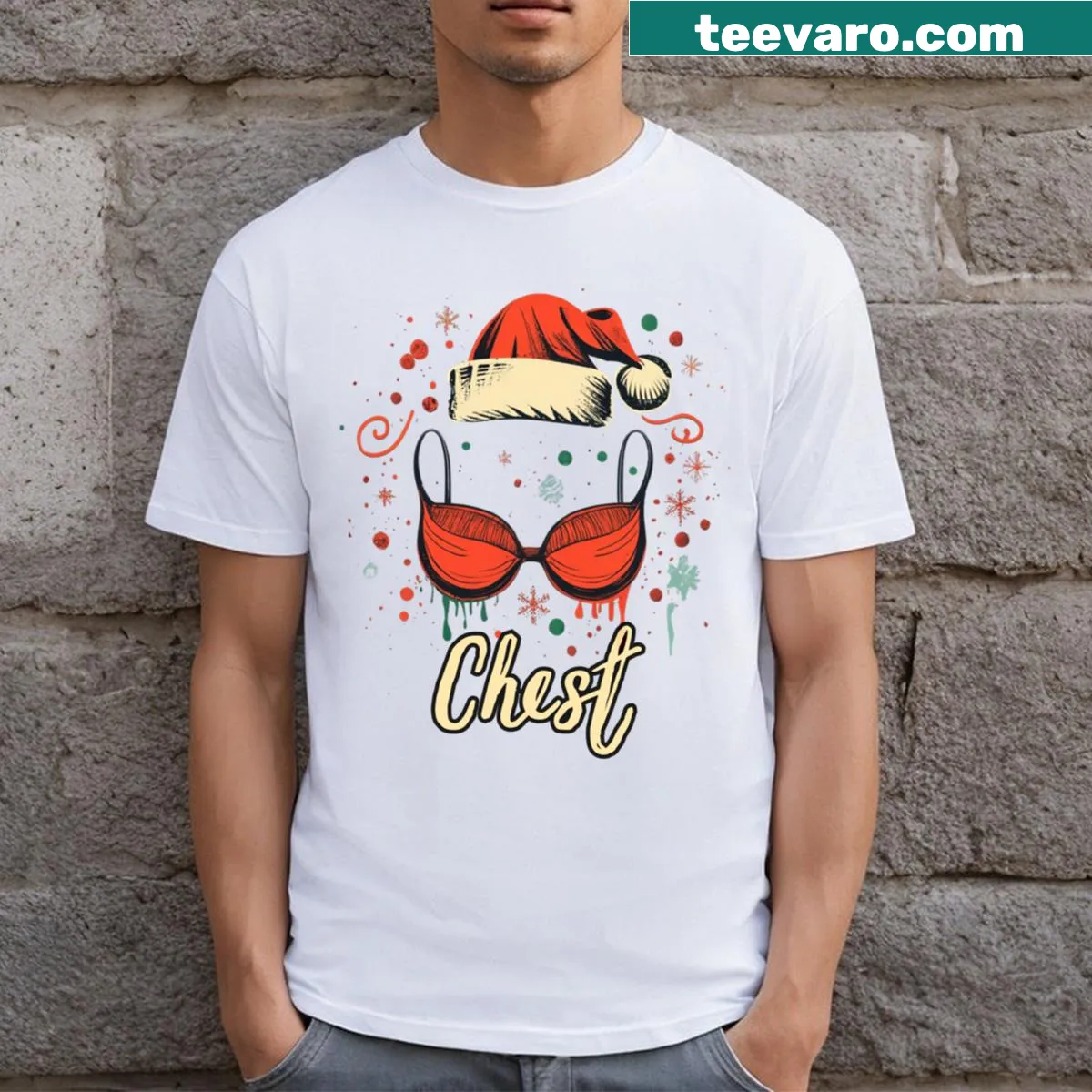 Funny cartoon couple enjoying chestnuts for Christmas — on a men's t-shirt