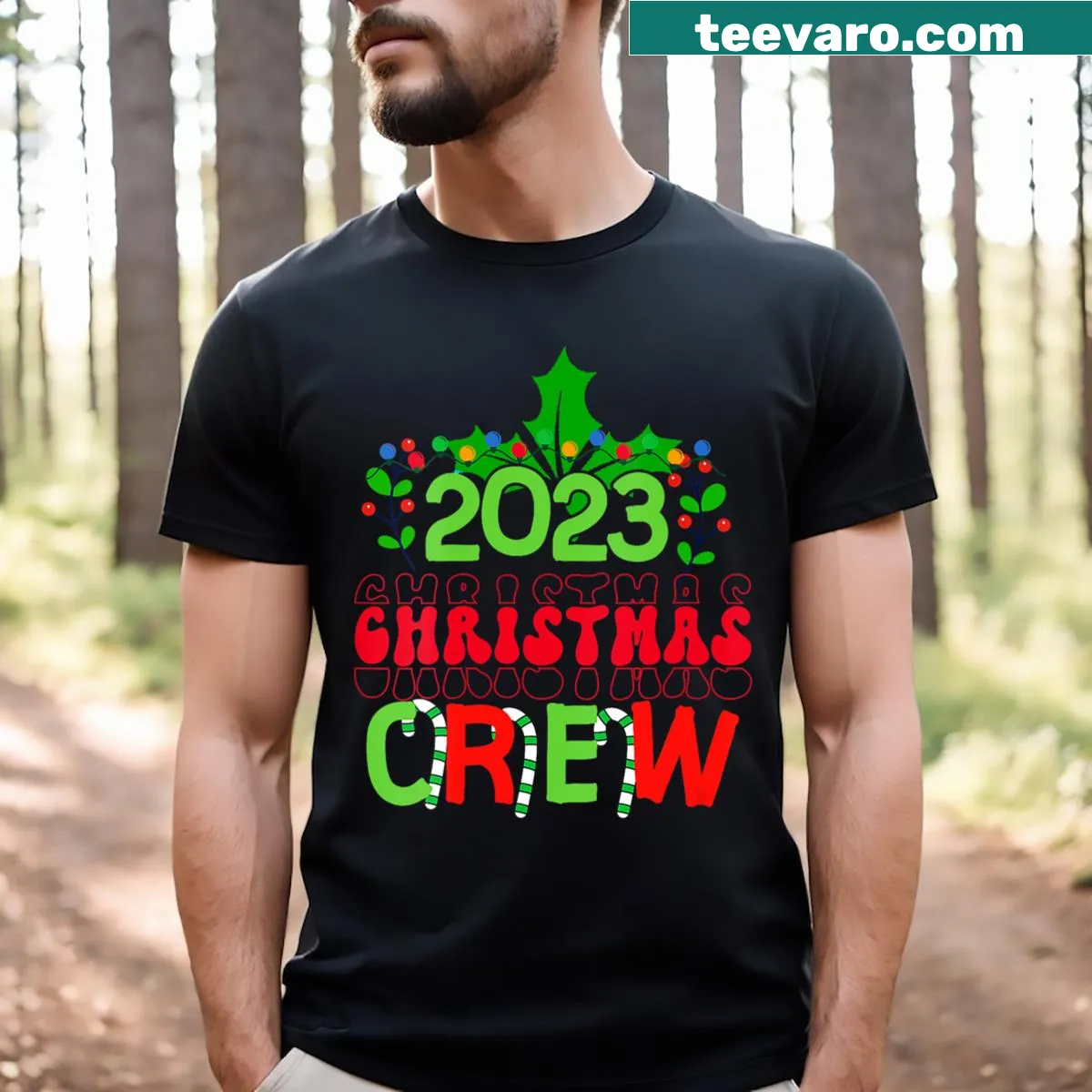 Cheerful Christmas Crew T-shirt with lights design — on a men's t-shirt