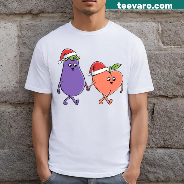 Playful Christmas eggplant and peach illustration T-shirt