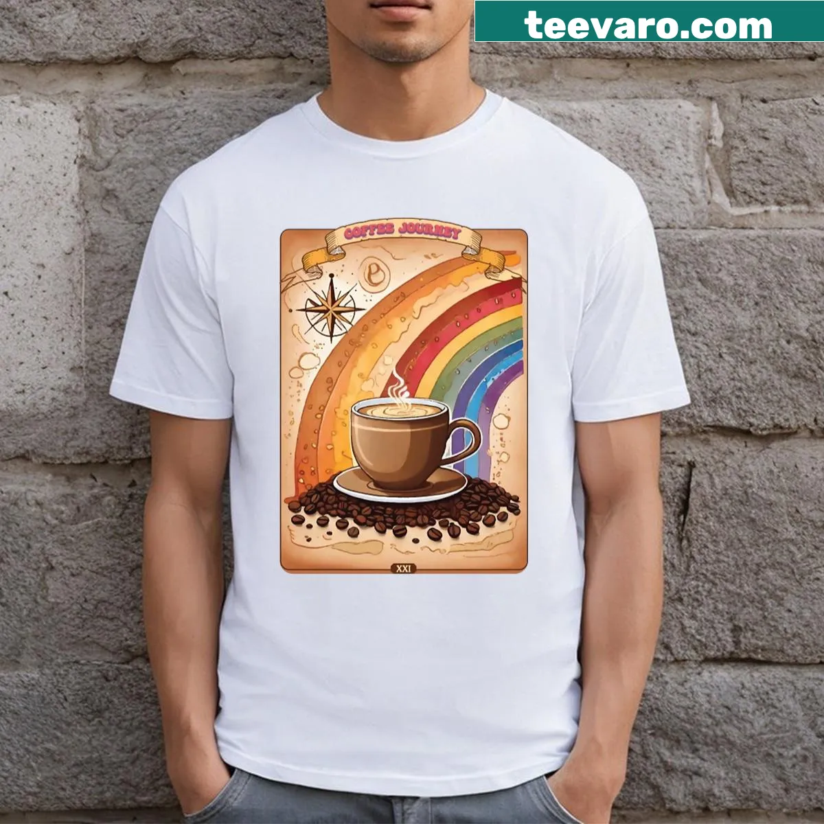 Hand-lettered Coffee Journey t-shirt celebrating coffee culture — on a men's t-shirt