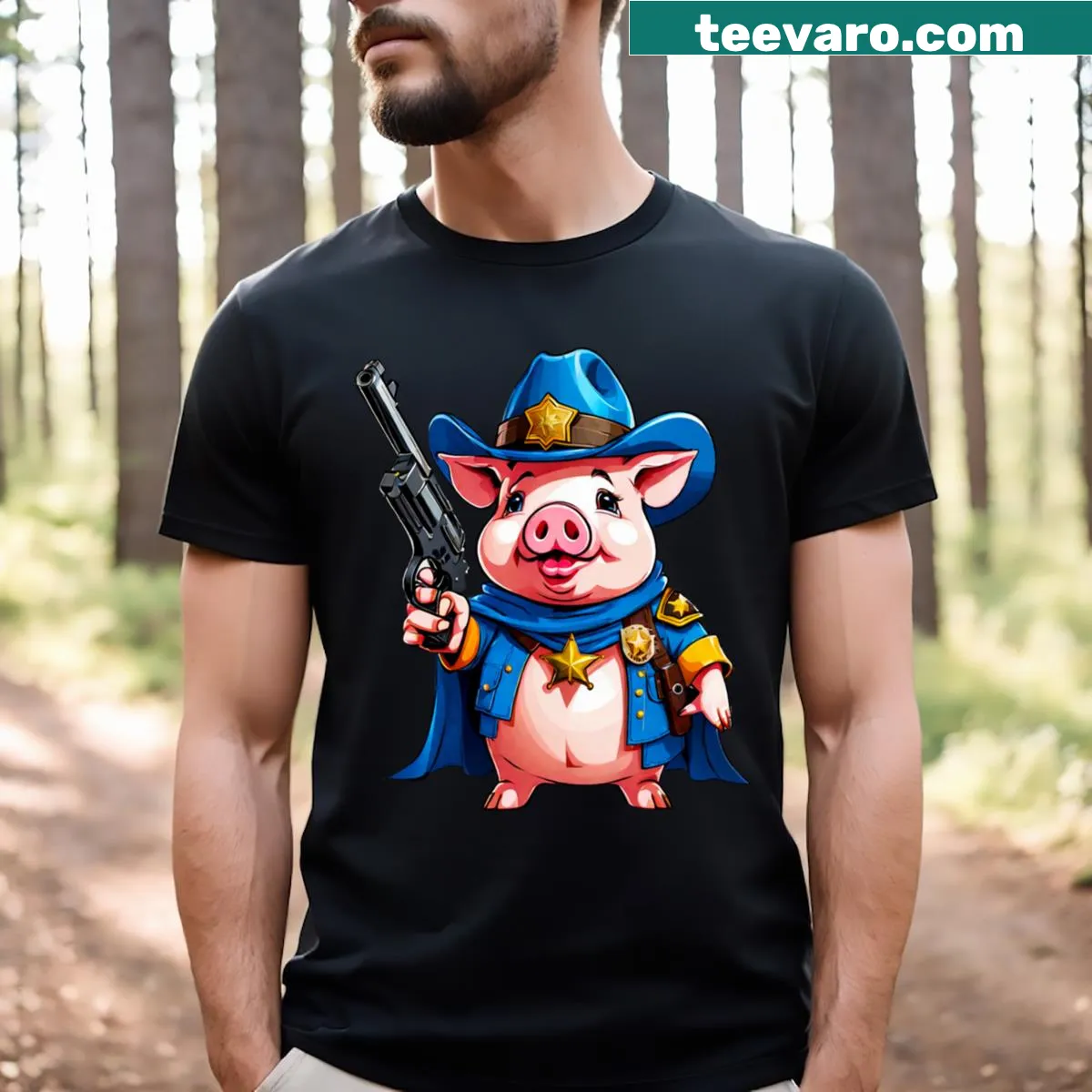 Cute cartoon piggy sheriff graphic on kids' T-shirt — on a men's t-shirt