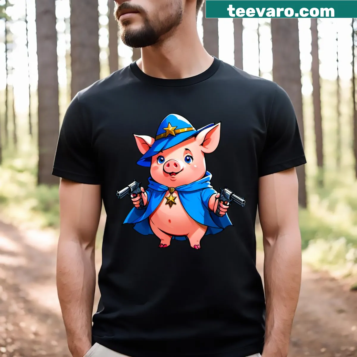 Funny cartoon piggy sheriff graphic on kids' T-shirt — on a men's t-shirt