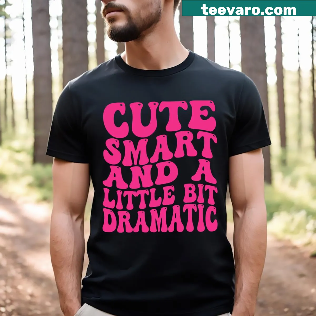 Kids t-shirt with the saying 'Cute Smart And A Little Bit Dramatic' in playful typography. — on a men's t-shirt
