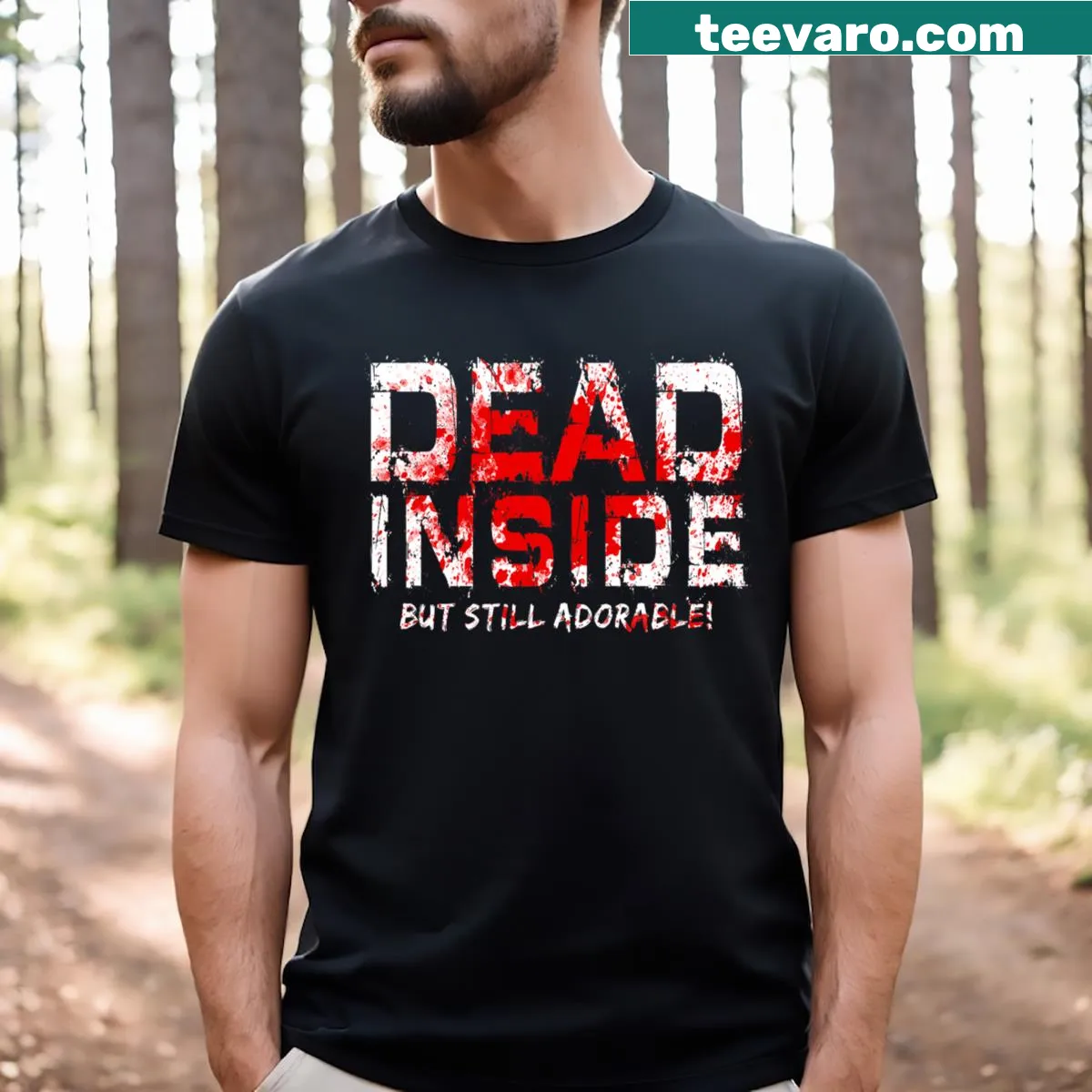 Zombie-themed t-shirt with 'Dead Inside' text in spooky font. — on a men's t-shirt