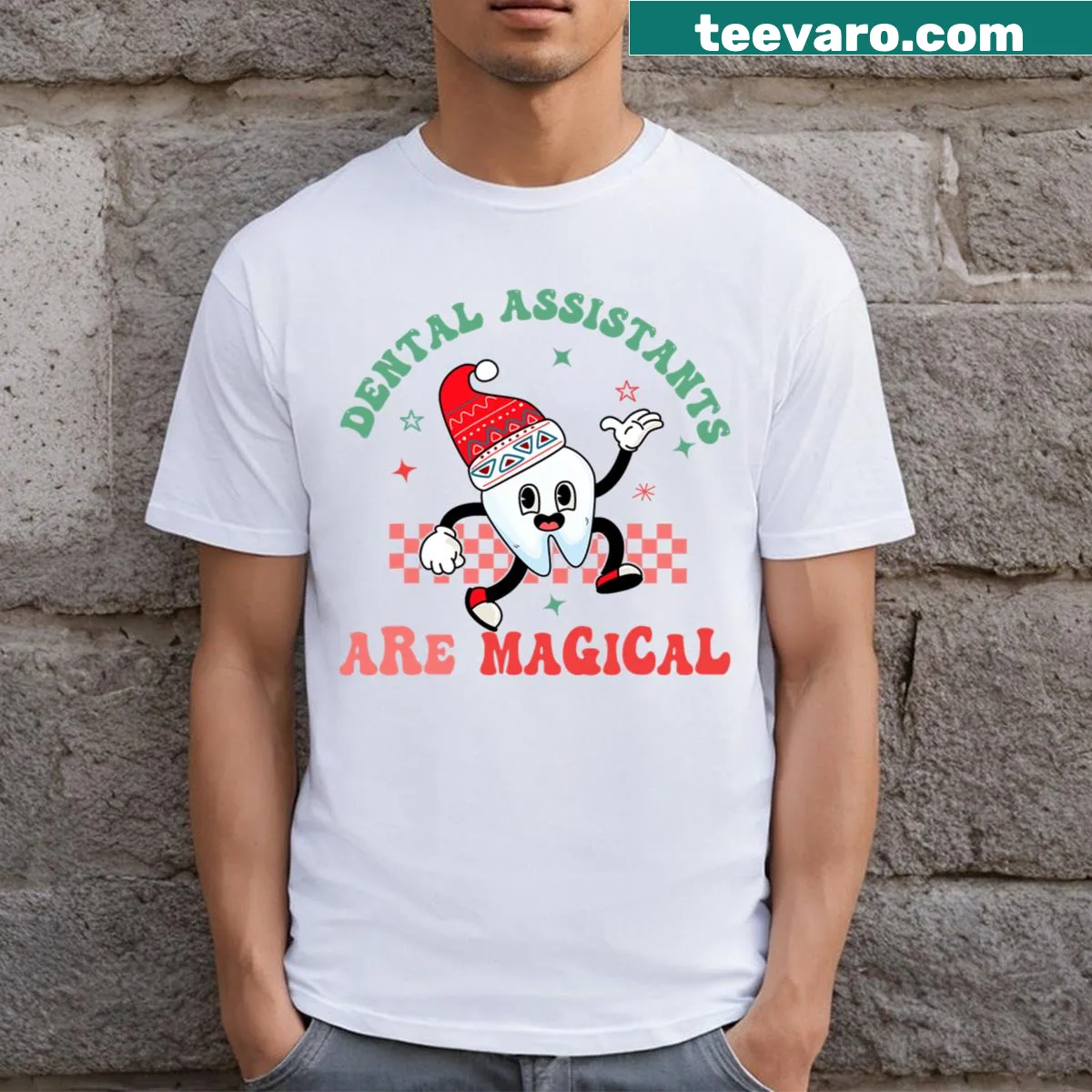 Christmas t-shirt for dental hygienists featuring fun teeth graphics — on a men's t-shirt