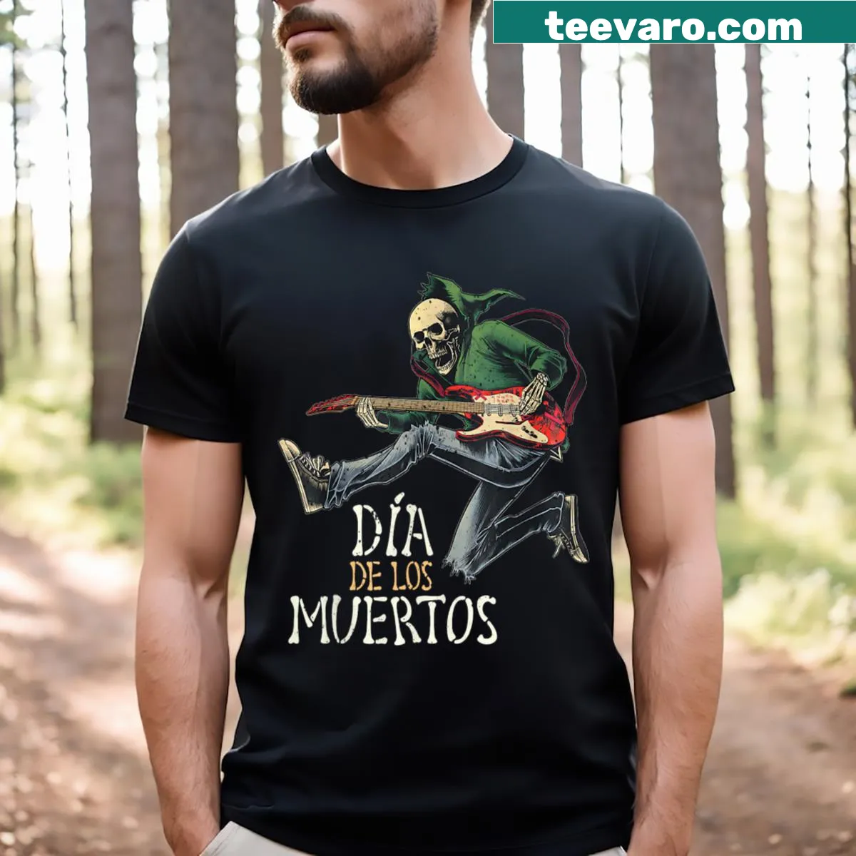 Guitar graphic T-shirt featuring sugar skull designs for Dia De Los Muertos — on a men's t-shirt