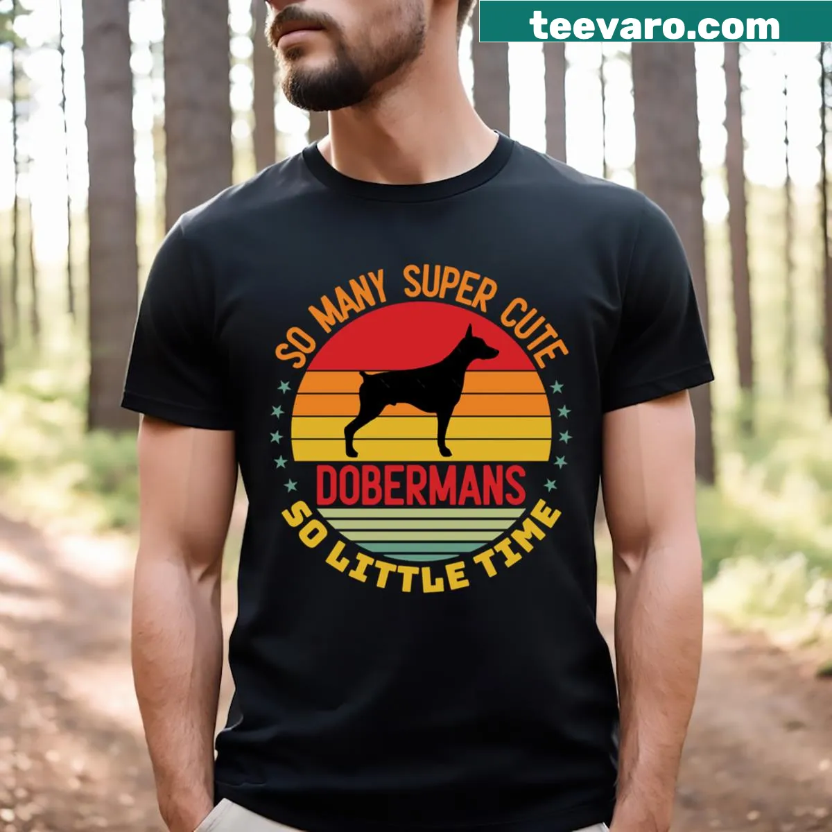 Funny Doberman t-shirt with playful typography — on a men's t-shirt
