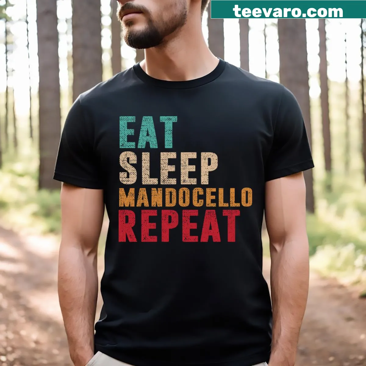 T-shirt with playful typography: Eat Sleep Mandocello Repeat — on a men's t-shirt